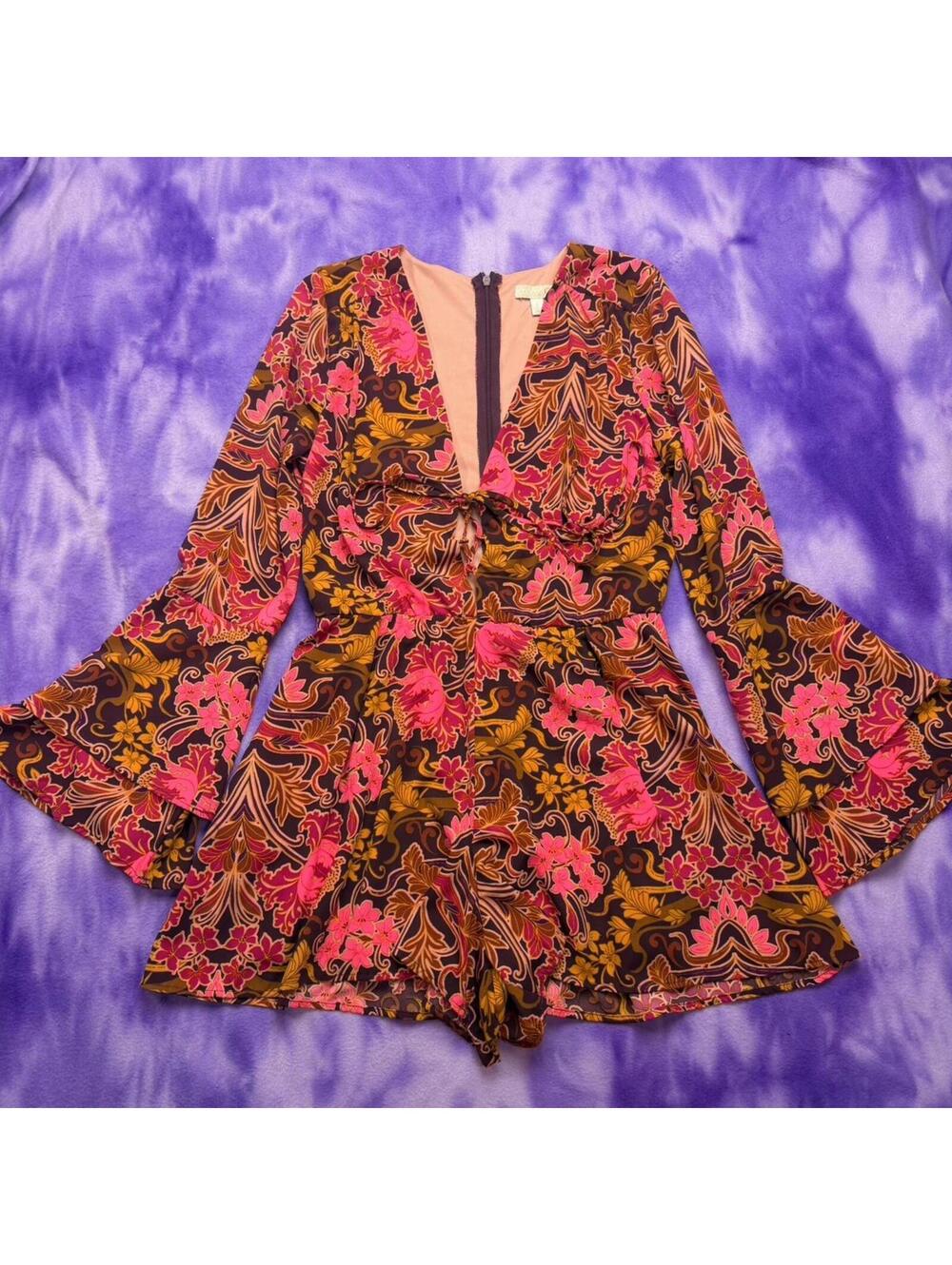 Gianni Bini retro floral flared sleeve romper hot pink and brown